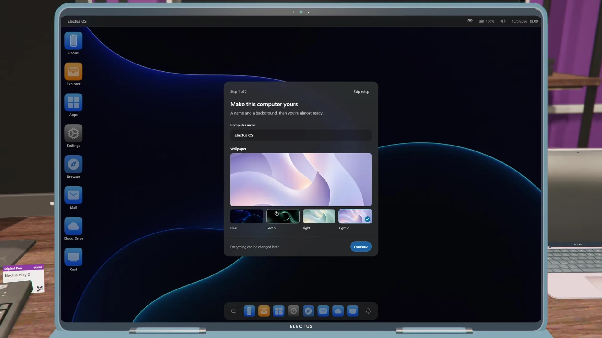Electus OS first-time setup on a laptop, choosing a computer name and a wallpaper